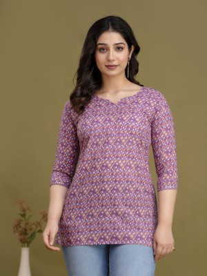 Sandhya Purple Floral Block Printed Top Cotton Short Kurti Tunic for Women