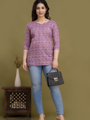 Sandhya Purple Floral Block Printed Top Cotton Short Kurti Tunic for Women