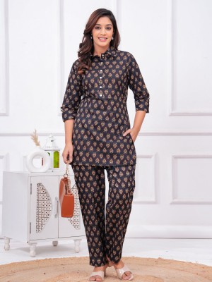 Malika Black Floral Block Printed Indian Cotton Salwar Kameez Kurti Pant Co Ord Set