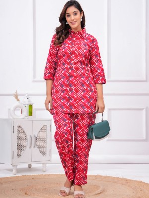 Falak Red Pink Zigzag Printed Co Ord Set Cotton Salwar Kameez Kurti Pant Set