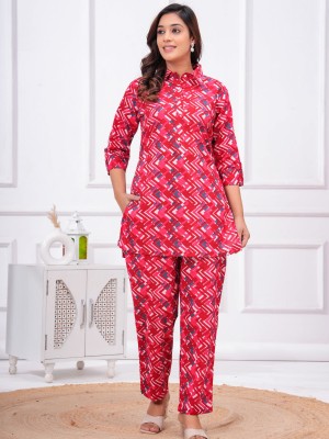 Falak Red Pink Zigzag Printed Co Ord Set Cotton Salwar Kameez Kurti Pant Set