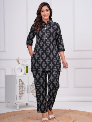 Kiara Black Color Printed Co Ord Set Cotton Salwar Kameez Kurti Pant Set