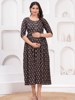 Black Floral Baby Feeding Gown Cotton Maternity Anarkali Kurti with Both Side Hidden Feeding Zip