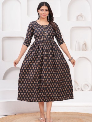 Black Floral Baby Feeding Gown Cotton Maternity Anarkali Kurti with Both Side Hidden Feeding Zip