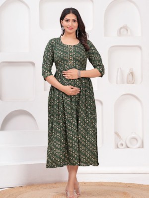 Green Floral Baby Feeding Gown Cotton Maternity Anarkali Kurti with Both Side Hidden Feeding Zip