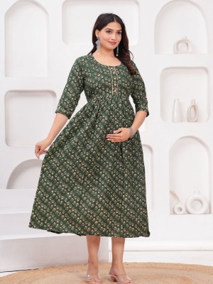 Green Floral Baby Feeding Gown Cotton Maternity Anarkali Kurti with Both Side Hidden Feeding Zip