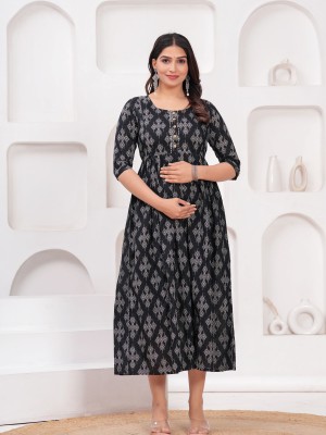 Black Floral Baby Feeding Gown Cotton Maternity Anarkali Kurti with Both Side Hidden Feeding Zip