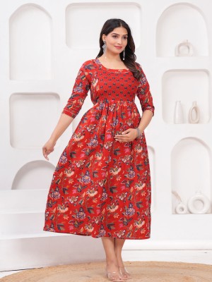 Red Floral Print Soft Cotton Maternity Gown for Baby Feeding Anarkali Kurti with Hidden Zip