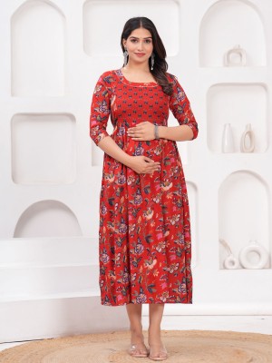 Red Floral Print Soft Cotton Maternity Gown for Baby Feeding Anarkali Kurti with Hidden Zip