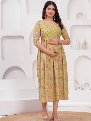 Cream Floral Print Soft Cotton Maternity Gown for Baby Feeding Anarkali Kurti with Hidden Zip