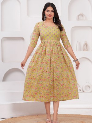 Cream Floral Print Soft Cotton Maternity Gown for Baby Feeding Anarkali Kurti with Hidden Zip