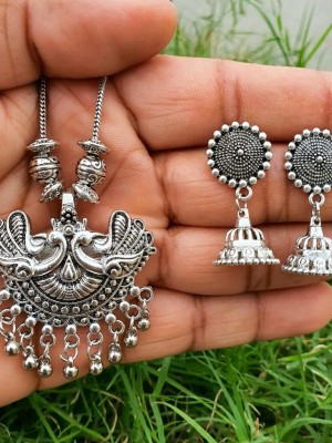 Boho Oxidised Peacock Design Pendent Necklace Chain Set with Jhumki Gift for Women