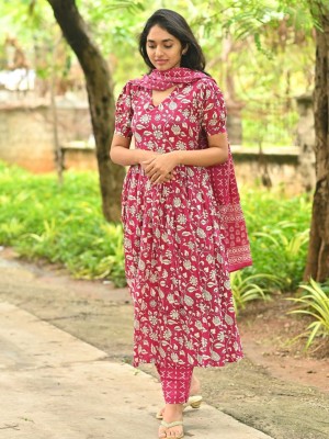 Rani Pink Cotton Floral Printed V-Neck Anarkali Kurti Pant Dupatta Set Readymade Salwar Kameez