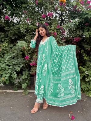 Green Cotton Floral Printed Straight Kurti Pant Dupatta Indian Salwar Kameez Dress