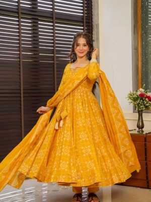 Yellow Cotton Ajrakh Printed Anarkali Kurti Pant Dupatta Set Readymade Salwar Kameez with Tassels