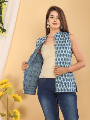 Lily Blue Color Floral Block Printed Reversible 2 side Cotton Sleeveless Quilted Jacket Women