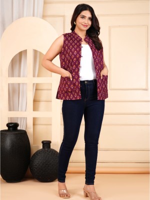 Maroon Floral Hand Block Booty Printed Reversible 2 side Cotton Sleeveless Stylish Quilted Jacket for Women