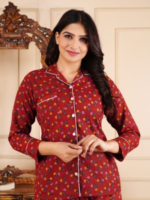 Red Floral Print Lounge Wear Set Night Suit Dress Pyjama Cord Set for Night PJ