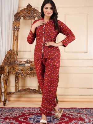 Red Floral Print Lounge Wear Set Night Suit Dress Pyjama Cord Set for Night PJ