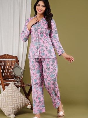 Pink Floral Print PJ Set Night Wear Set Night Suit Pyjama Cord Set for Women