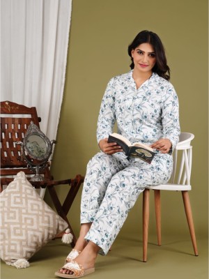 Ivory Floral Print PJ Set Night Wear Set Night Suit Pyjama Cord Set for Women