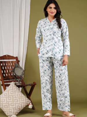 Ivory Floral Print PJ Set Night Wear Set Night Suit Pyjama Cord Set for Women