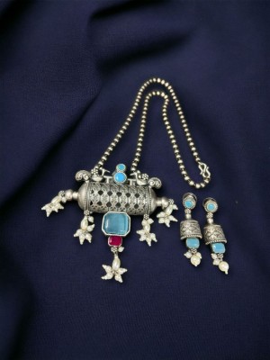 Antique Indian Ethnic Style Gypsy Monalisa Stone Jewellery Oxidized Silver Necklace with Earrings