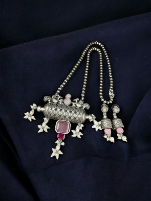 Antique Indian Ethnic Style Gypsy Monalisa Stone Jewellery Oxidized Silver Necklace with Earrings