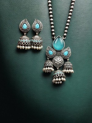 Traditional Indian Ethnic Monalisa Stone Silver Oxidized Necklace with Jhumki Jewelry Set