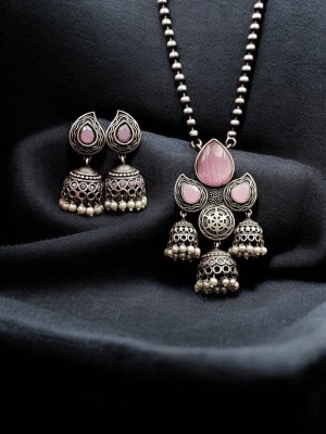 Traditional Indian Ethnic Monalisa Stone Silver Oxidized Necklace with Jhumki Jewelry Set