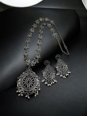 Unique Indian Traditional Silver Oxidized Long Haram Necklace Set with Earrings