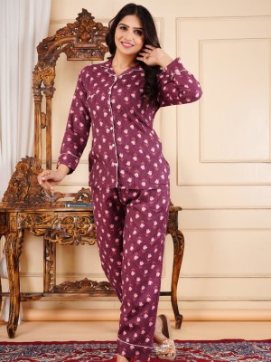 Wine Floral Print PJ Set Night Wear Set Night Suit Pyjama Cord Set for Women