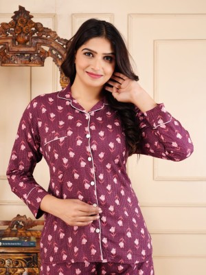 Wine Floral Print PJ Set Night Wear Set Night Suit Pyjama Cord Set for Women