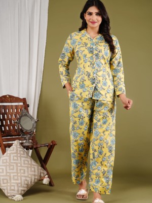 Yellow Floral Print PJ Set Night Wear Set Night Suit Pyjama Cord Set for Women