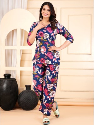 Blue Floral Print Lounge Wear Set Night Suit Dress Pyjama Co Ord PJ Set for Night for Women