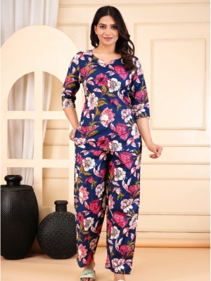 Blue Floral Print Lounge Wear Set Night Suit Dress Pyjama Co Ord PJ Set for Night for Women