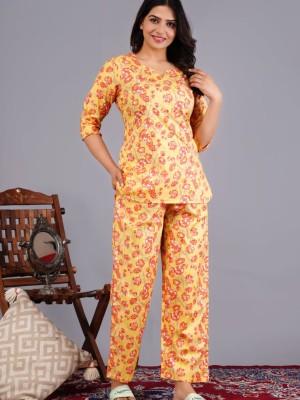 Yellow Floral Print Lounge Wear Set Night Suit Dress Pyjama Co Ord PJ Set for Night for Women