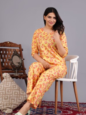 Yellow Floral Print Lounge Wear Set Night Suit Dress Pyjama Co Ord PJ Set for Night for Women