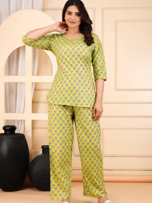 Lime Green Floral Print Lounge Wear Set Night Suit Dress PJ Pyjama Cord Set for Night for Women