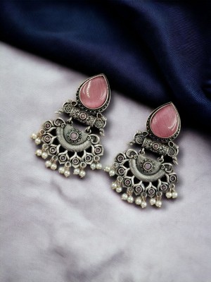 Ethnic Indian Brass Monalisa Stone Dangler Earring Silver Oxidised Pearl Beads Drop Bollywood Jewelry