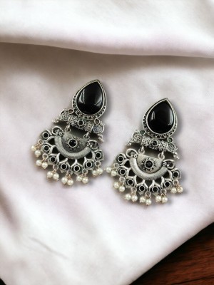 Ethnic Indian Brass Monalisa Stone Dangler Earring Silver Oxidised Pearl Beads Drop Bollywood Jewelry