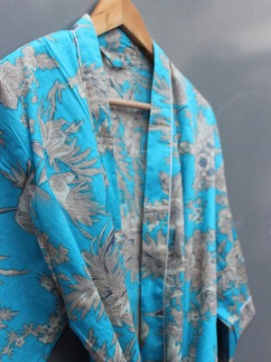 Turquoise Floral Printed Cotton Kimono Indian Boho Robe Summer Dress Beach Coverup