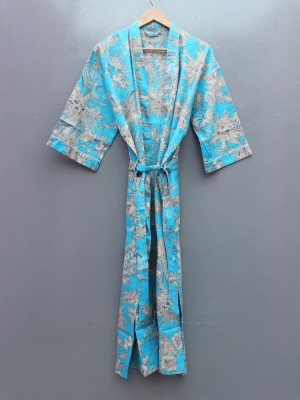 Turquoise Floral Printed Cotton Kimono Indian Boho Robe Summer Dress Beach Coverup