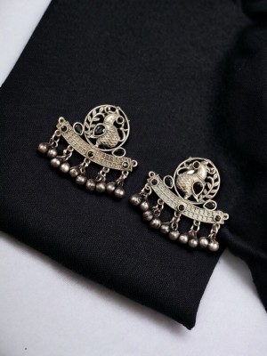 Traditional Indian Brass Peacock Stud Earring Silver Oxidised Ghungroo Charms Bollywood Jewelry