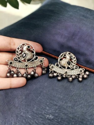 Traditional Indian Brass Peacock Stud Earring Silver Oxidised Ghungroo Charms Bollywood Jewelry