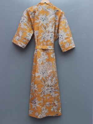 Light Orange Floral Printed Cotton Kimono Indian Boho Robe Summer Dress Beach Coverup