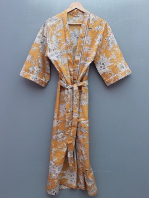 Light Orange Floral Printed Cotton Kimono Indian Boho Robe Summer Dress Beach Coverup