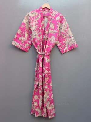 Pink Floral Printed Cotton Kimono Indian Boho Robe Summer Dress Beach Coverup