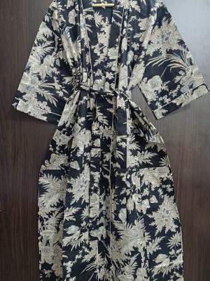 Black Floral Printed Cotton Kimono Indian Boho Robe Summer Dress Beach Coverup