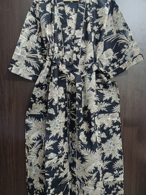 Black Floral Printed Cotton Kimono Indian Boho Robe Summer Dress Beach Coverup